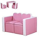 Qaba Kids Sofa Set 2-in-1 Multi-Functional Toddler Table Chair Set 2 Seat Couch Storage Box Soft...