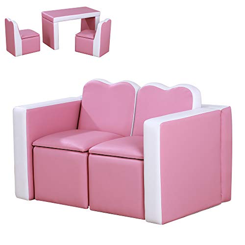 Qaba Kids 2-in-1 Multi-Functional Play Table & 2 Chair Set with Couch Storage Box for 3-6 Year Olds, Pink Qaba Kids 2-in-1 Multi-Functional Play Table & 2 Chair Set with Couch Storage Box for 3-6 Year Olds, Pink