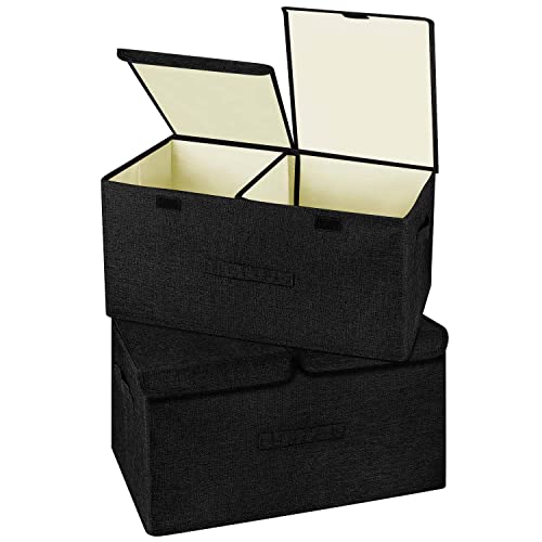 Image of 2 Pack Large Linen Fabric Collapsible Storage Bins with Lid and Handles, Washable Storage Box Baskets Cube with Removable Divider for Bedroom,Closet,Office,Living Room,Nursery (Black, Large)