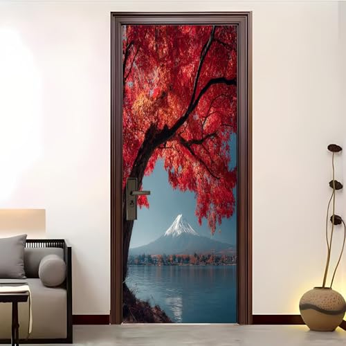 Pvc Adhesivo Pegatinas para Puertas Impermeable Extraíble Arces Rojos De OtoñO Vinilos Puerta Pegatina Rojo Pared Murales Para Cocina Decorativos Hogar Arte 77x200 cm