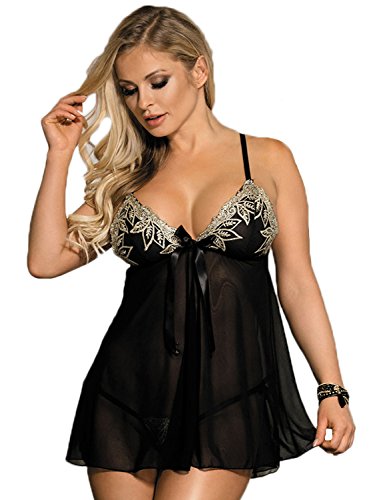 Négligé Parure String et Robe Noir Chair Dentelle Grande Taille 36-52