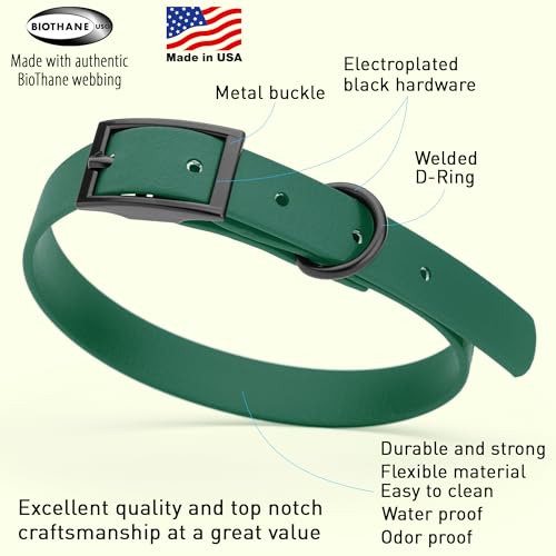 Image of Dogline Biothane Waterproof Dog Collar Strong Coated Nylon Webbing with Black Hardware Odor- Proof for Easy Care Easy to Clean High Performance Fits Small Medium or Large Dogs, Hunter Green