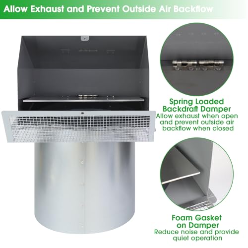Image of 6 Inch Hooded Wall Vent with Screen and Damper,6 Inch Exhaust Vent Cover Cap for Outdoor Kitchen Range Hood Dryer Ventilation,Outside Wall Mount Extractor for House Air Exhaust,Galvanized Steel,Gray