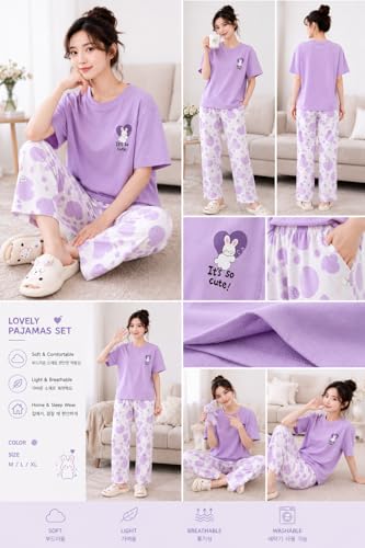 Image of Women's Pure Cotton Nightwear Set - Cute Printed Lavender Half Sleeve T-Shirt and Pajama Set for Girls, Comfortable Loungewear & Sleepwear