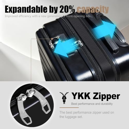 Image of KEYTANG SmileLine 3-Piece Luggage Set Lightweight Hardside Suitcase TSA Lock Spinner Wheels, 20 inch Expandable Carry-On Luggage with Quick Access Front Open Pocket, Bonus Makeup Bag,Black