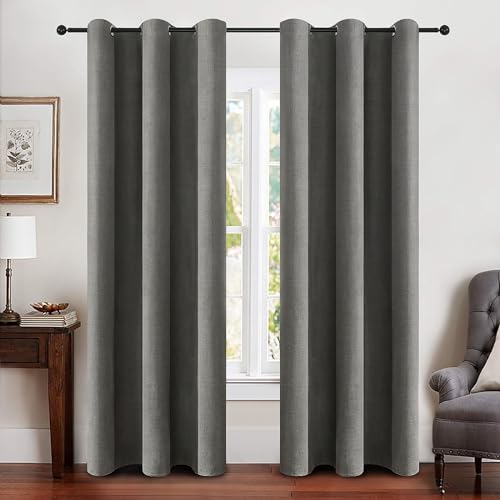 Image of MIULEE Linen Blackout Curtains and Drapes 100% Room Darken Thermal Insulated Grommet Window Panels with Coating 2 PCs W 42 x L 84 inches Dark Grey