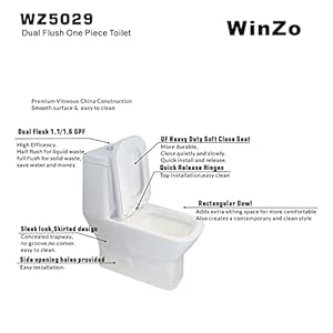 Winzo wz5029 square one piece toilet single flush 128 gpf elongated rectangle comfortable bowl for modern bathroomwhite  urban country home decor
