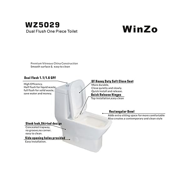 Winzo wz5029 square one piece toilet single flush 128 gpf elongated rectangle comfortable bowl for modern bathroomwhite  urban country home decor