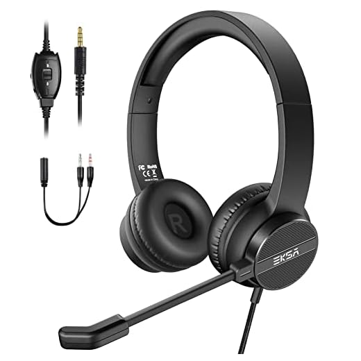 EKSA H12 PC Auriculares con Micrófono, Cascos de 3,5mm con Interruptor de Silencio y Control de Volumen, Sonido Estéreo Claro, Cascos con Microfono PC/Office/Call Center/Office/Skype