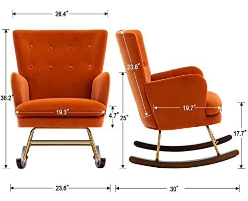Heah-Yo Comfy Nursery Rocking Chair, Modern Glider Rocker Chair With Armrest, Upholstered Relax Velvet Lounge Chair With Thick Cushion For Living Room, Oragne #TOP1