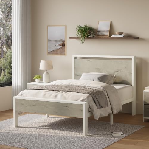 Image of Allewie Twin Size Bed Frame, Heavy Duty 12 Metal Slats Support, White | Wooden Headboard and Footboard, Modern Platform Bed, No Box Spring Needed, Under-Bed Storage, Noise Free, Easy Assembly