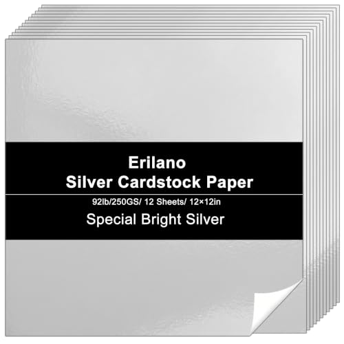 Erilano Silver Metallic Cardstock 12 x 12 inch, 92lb/250GSM, 12 Sheets