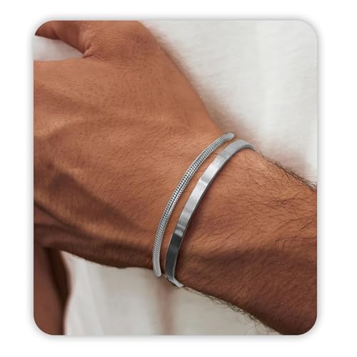 PEALICIOUS Silver Bracelet for Men as Mens Cuff Bracelet, 7.9" to 9" Silver Cuff Jewelry Stainless Steel Silver Bangle Snake Bracelet Mens Jewelry Gifts for Him Son Dad Man from