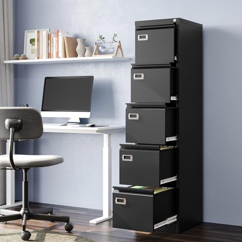 PEUKC 5-Drawer File Cabinet, 16.3\" Deep Vertical Metal Filing Cabinet with Lock for Home Office, Anti-Tip 5 Storage Drawers for Letter/Legal/A4/F4 Size (Assemble Required, Black) - Thumbnail 2