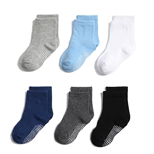 Image of QIYIENDIAN 6 Pairs Non Slip Cozy Warm Crew Socks with Grips for Baby Infant Toddler Kids Boys Girls