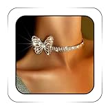ACEDRE Rhinestone Butterfly Choker Necklace Silver Crystal Chokers Row Necklaces Sparkly Tennis Chain Prom Party Neck Jewelry for Women