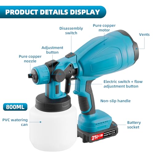Cordless Paint Sprayer, 800W Electric Fence Paint Sprayer with 2*2.0Ah Batteries&Charger, HVLP Paint Spray Gun Handheld Paint Sprayers with 3 Spray Patterns&800ml Tank for Walls/Ceilings/Fence/Cabinet
