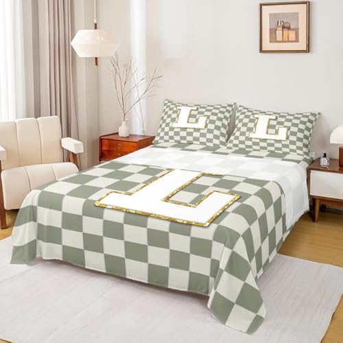 Image of Erosebridal Sage Green Checkered Sheet Set King Plaid Initial L Bed Sheets Personalized Monogram Bedding for Kids Boys Girls,Fashion Grids Gingham Bed Sheets Set 4 Piece