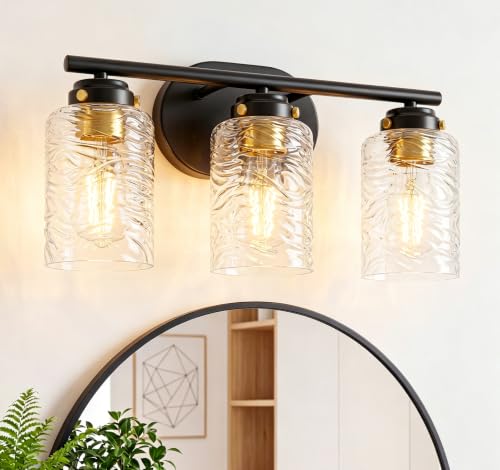 Image of 3-Light Bathroom Light Fixtures, 18 Inches Black Gold Vanity Light | Thick Water Ripple Clear Glass, Bathroom Wall Lamp for Mirror, Rust-Proof, Up /Down Mount, ETL Certified, E26 Ceramic Sockets