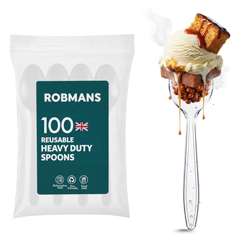 100 Pcs Reusable Plastic Spoons – Heavy Duty Washable Clear Party Cutlery for Weddings, Birthdays, BBQs, Picnics, Camping, Christmas & Everyday Use