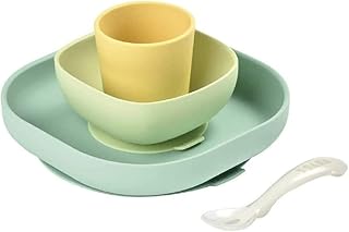 BEABA Silicone 4-Piece Meal Set - Easy to Clean - Dishwasher and Microwave Safe - Soft, Unbreakable, Non-Slip Suction Bott...