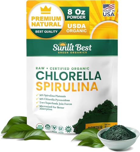 Sunlit Best USDA Organic Chlorella Spirulina Powder - 100% Raw & Vegan Source of Protein & Chlorophyll | Non GMO & Gluten Free Superfood Energy Drink | Gut Health & Immune Support Supplement 8 oz