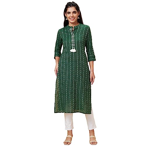 Image of Globus Women Green Woven Design Mandarin Collar Straight Kurta-3638025001