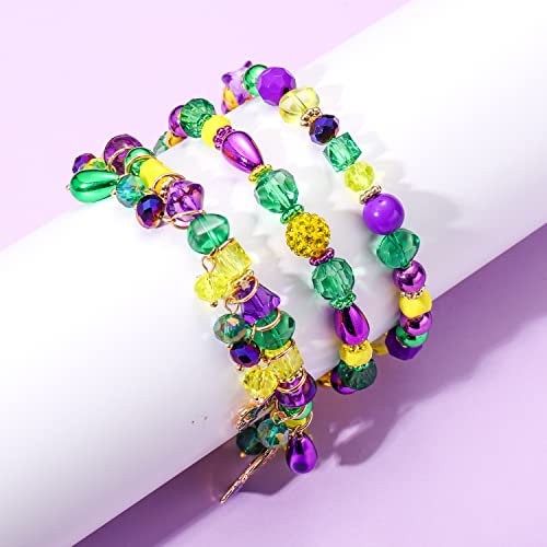 3PCS Mardi Gras Bracelets for Women Glitter Fleur De Lis Mask Jester Hat Charm Bracelets Beaded Stretch Bracelet Set for Carnival Parade Outfits Mardi Gras Accessory4