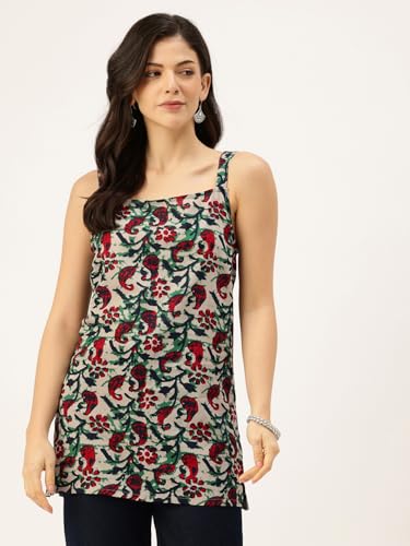 Image of feranoid Women's Printed Sleeveless Short Kurti with Stylish Neck, Backless Design & Side Slits (XS-XL)