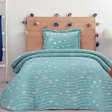 DHESTIA HOME - Colcha Bouti Cosida Infantil y Juvenil con Cojín Modelo Estrellas Stars Agua Color Agua Talla Cama 90
