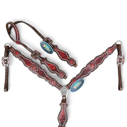 MOUSM Leather Western Headstall Tack Set for Horses, Decorated with Red Metallic Snake Print