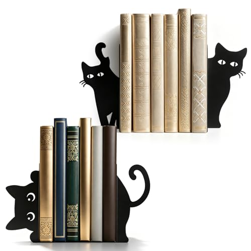 4 Stück Katze Buchstütze Metall, 2 Stilen Kreative Buchstützen Katzen Design Bücherstütze Dekorative Buchhalter Bookends für Regal, Büro, Schreibtisch, Schule, Bibliothek, Geschenk für Katzenliebhaber