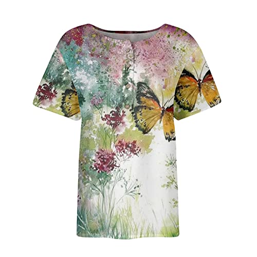 Spring Tops For Women 2023 Trendy Linen Henley Casual Short Sleeve Shirts V Neck Butterfly Printed Loose Basic Tops With Pocket Blouses For Women Casual Yellow Xl #TOP4