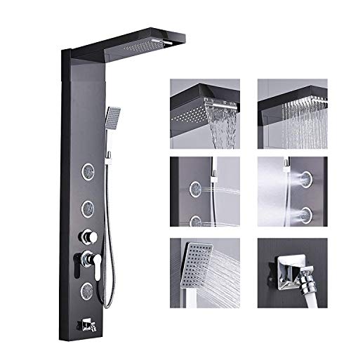 Votamuta Bathroom Black Shower Panel Shower Tower Stainless Steel Handheld Sprayer Massage Jets