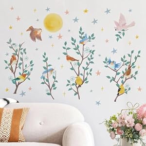 Yovkky birds branches spring wall decals stickers bluebird goldfinch robin parrot chickadee toddler baby nursery decor moon stars home decorations kids bedroom playroom living room art  urban country home decor
