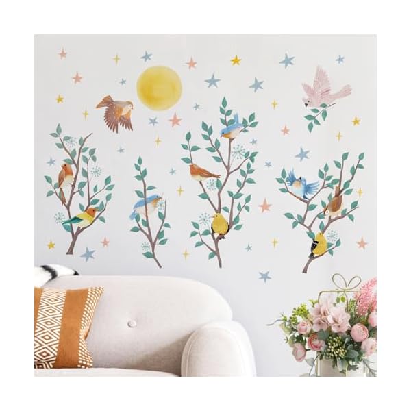 Yovkky birds branches spring wall decals stickers bluebird goldfinch robin parrot chickadee toddler baby nursery decor moon stars home decorations kids bedroom playroom living room art  urban country home decor