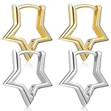 TOYANDONA 2 Pares de Pendientes de Aro Pequeños Forma de Estrella de Cinco Puntas, Minimalistas, en Color Dorado y Plateado, Juego de Pendientes de Estrella para Mujer y Niña, Joyería