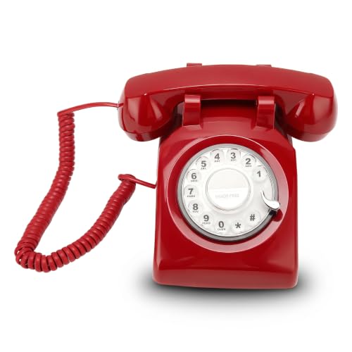 Teléfono fijo vintage retro con disco giratorio rojo