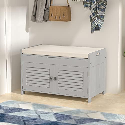 Knowlife Shoe Storage Bench with Lift Top Storage, Entryway Bench with Door Cabinet, Adjustable Shelve, Cushioned Seat and Handle for Entryway, Hallway, Window and Closet
