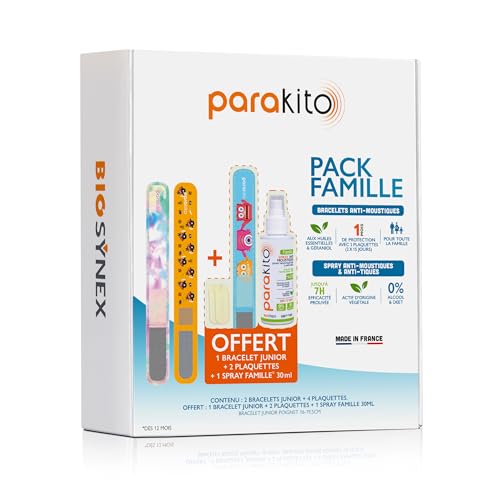 PARAKITO - Bracelets Anti-Moustiques Réutilisables - Pack Famille - 3 Bracelets + 1 Spray Offert - 1 Mois de Protection - Sans DEET (3 Juniors)