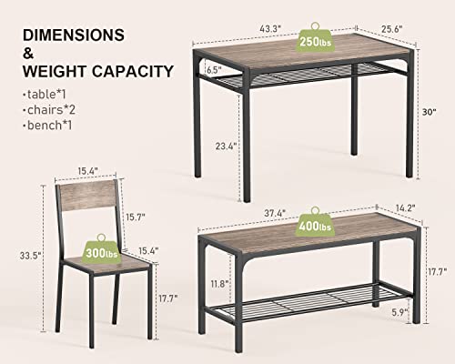 Gizoon Kitchen Table And 2 Chairs For 4 With Bench, 4 Piece Dining Table Set For Small Space, Apartment (Grey) #TOP2