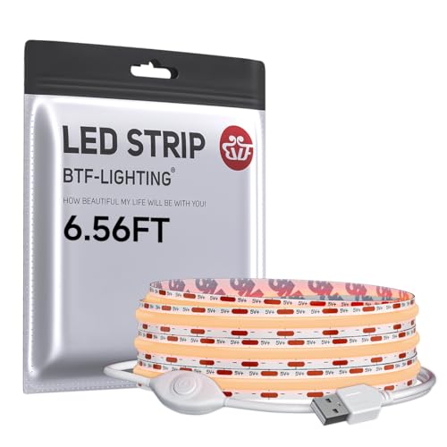 Image of BTF-LIGHTING FCOB COB LED Strip Lights 5V USB Powered Warm White 2700K