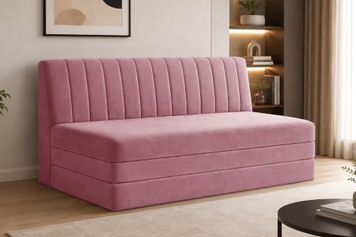 Image of 3-Seater Velvet Sofa Cum Bed | Convertible Sleeper Sofa | Modern Foldable Couch for Living Room, Bedroom & Office | Rose Pink