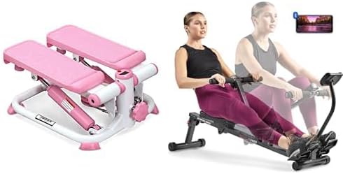 Sunny Health & Fitness Exercise Stepping Machine, Portable Mini Stair Stepper for Home or Office Workouts + Smart Compact Adjustable Rowing Machine, 12 Levels Adjustable Resistance