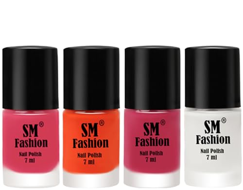 Image of Nail Polish Combo Set (Pack of 4) Quick Dry Gel Finish Nail Paint | Dark Rose Pink,Reddish Orange ,Dusty Pink,White | 7 ml Each