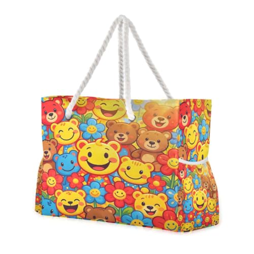 Sac fourre-tout en toile pour femme avec motif ours et fleurs - Grand sac à main décontracté