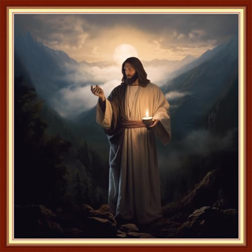 Image of Disxvivy Cross Stitch Stamped Full Embroidery Kits DIY 11CT Cotton Thread Printed DIY Needlepoint Kits Craft Needlework Set Cross-Stitch Stamped Sets-Early Morning Jesus 18x18 inch