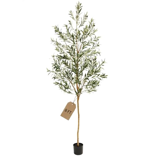 Huhemy 8FT Olive Trees Artificial Indoor Fake Olive Tree with Natural Wood Trunk and Olive Branches and Lifelike Fruits Faux Olive Tree for Home Office House Living Room Decor.