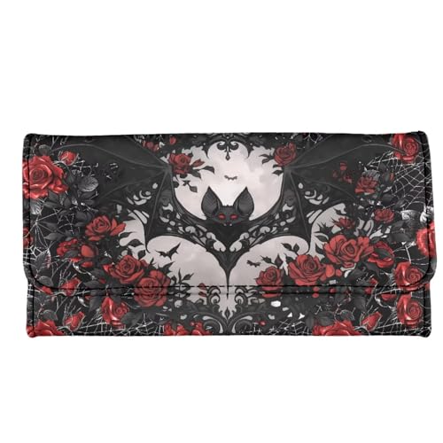 Black Bat Roses Print Women Slim Wallet Gothic Spider Web Trifold Long Credit Card Holder Clutch Handbag, Red Rose Flowers Leather Checkbook Wallet for Ladies2