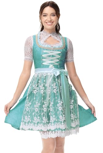 LPLKON Dirndl Damen Midi, Trachtenkleid 3-teilig mit Bluse und Spitzen-Schürze für Oktoberfest und Fasching, Elegantes Trachtenoutfit für Volksfeste und Feierlichkeiten